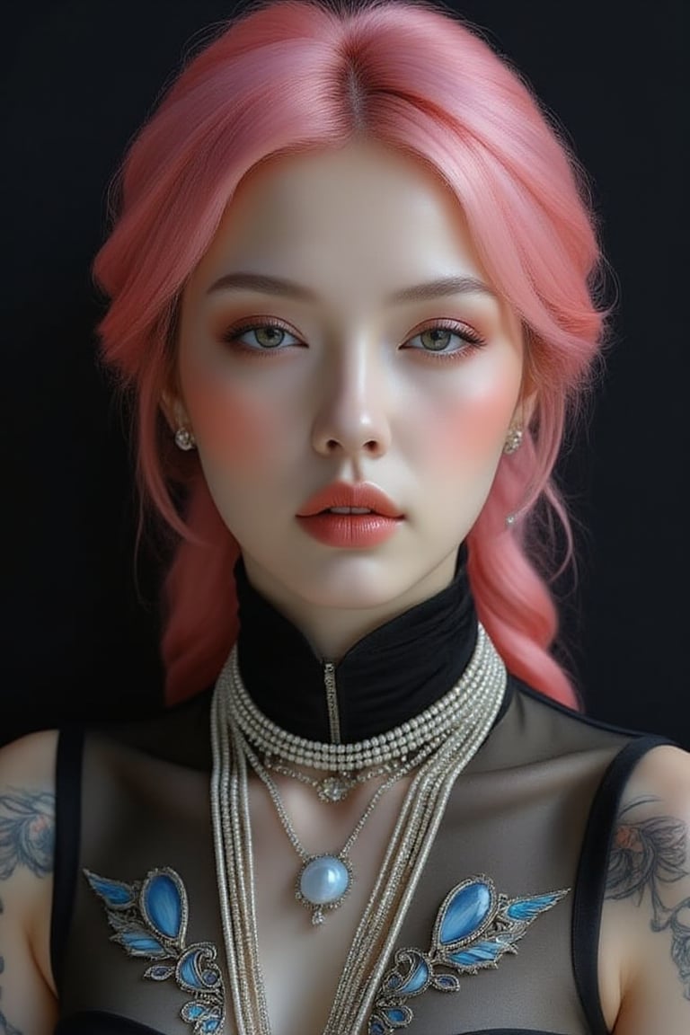 Cyberpunk beauty: a stunning lady with porcelain-white skin and pink hair, showcased in a centered isometric illustration. Her half-body form emerges from a sleek black background, as if she's been extracted from a futuristic cityscape. Robotic steampunk designs adorn her limbs, resembling intricate old-school tattoos. A luxury logo, reminiscent of high-end fashion, adorns the center of her chest, surrounded by metallic filigree and glowing blue accents.