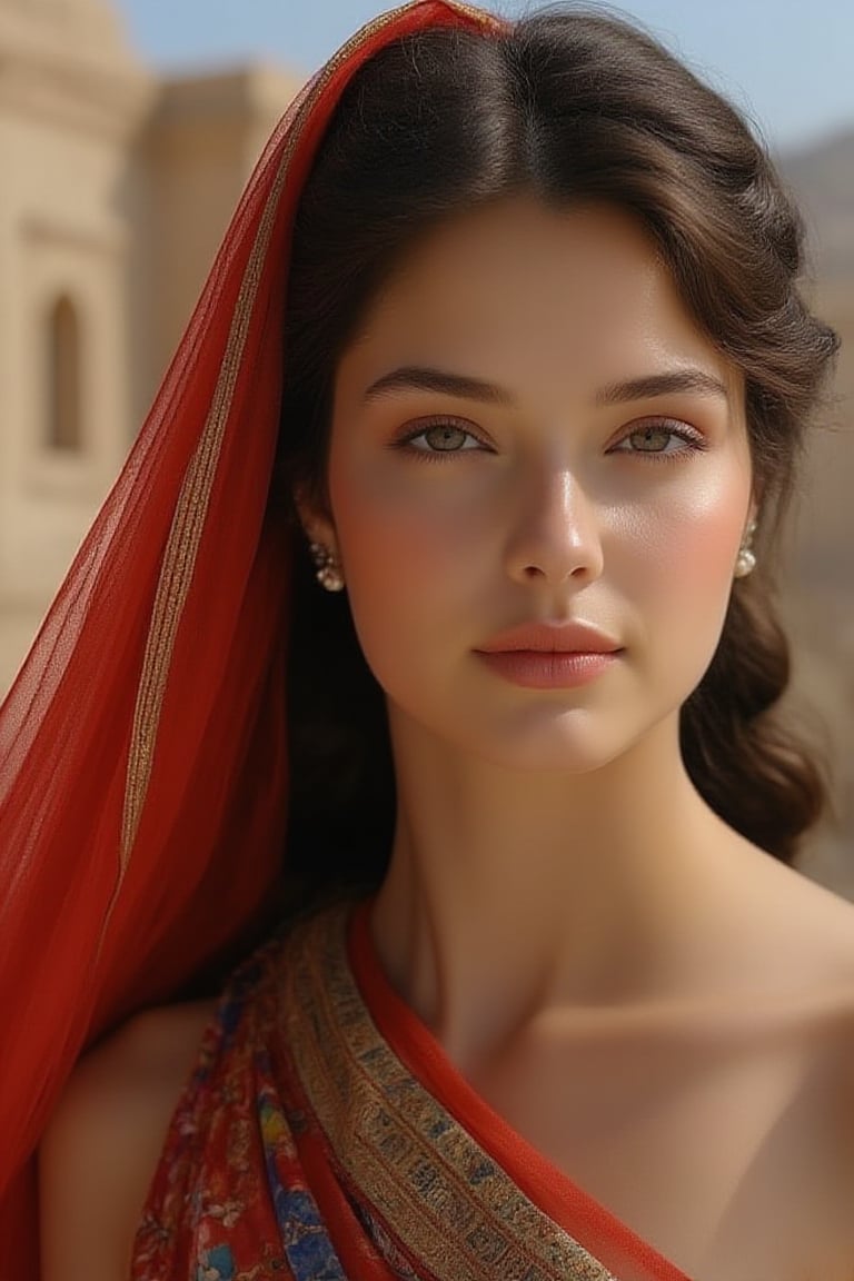 A close-up portrait of a strikingly beautiful woman with deep, expressive eyes, her hair styled traditionally with intricate braids. She wears a flowing, colorful Iraqi dress adorned with intricate patterns, standing against a backdrop of the ancient city of Babylon. The lighting is soft and warm, highlighting her delicate features and the vibrant colors of her attire. Her pose is graceful, with a gentle smile that reflects her rich cultural heritage.