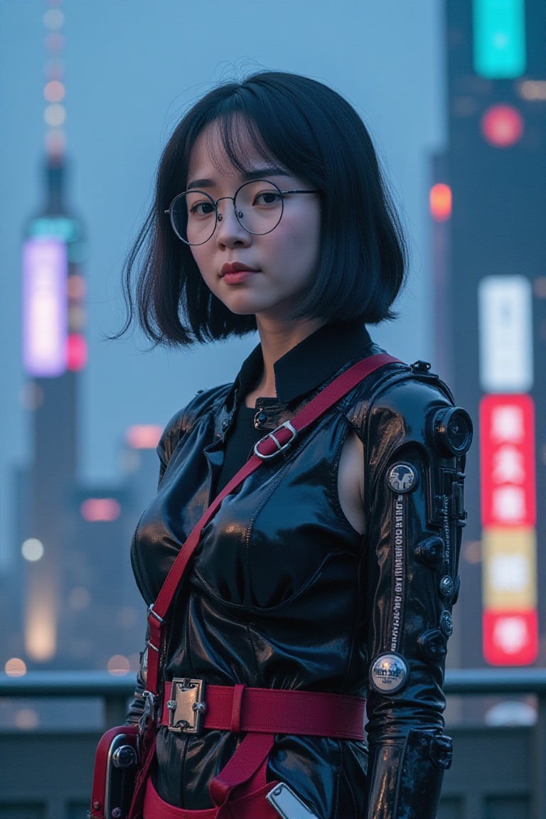 yiting,glasses,Masterpiece, best quality, official art, extremely detailed CG uniform 8k wallpaper, absurd, 8k resolution, exquisite facial features, perfect face, cinematic lighting, 1girl, realistic style, robotic arm, detailed robot body, body glow The parts of the body are blue LED lights, looking at the audience, perfect short black hair, (super-detailed female body lines, the mechanical components in the mecha are super-detailed and can be seen) (((((((((Body parts plus many white English labels) production model and brand logo))), the red diagonal belt carries an exaggerated mechanical Japanese samurai sword, and the appearance is flawless, passing through the soft light of the city, sstandet, automatically conveying complex details and dark emotions. dystopia