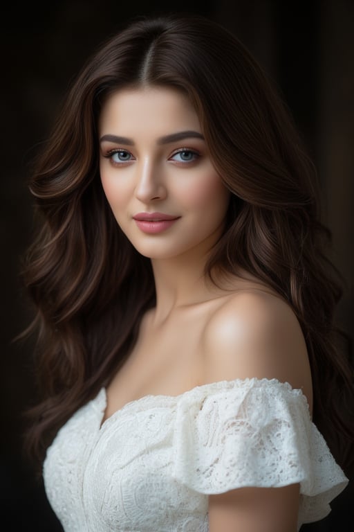 (best quality,highres,masterpiece:1.2),ultra-detailed,photorealistic:1.37, Aishwarya Rai,15 yo,curly hair,detailed eyes,detailed lips, masterpiece, best quality, Very detailed, Facing the camera, Very detailed, Practical, Distinctive features, Very detailed, Clear focus, Perfect face, Perfect face, Perfect eyes with perfect symmetry, Perfect plump lips, Flexible female form, Movie, Movie Light, Very detailed, hyper Practical, masterpiece, atmosphere, high resolution, Energetic, Dynamic studio lighting, ((Dark background)), Endure the expression of happiness, Straight bangs, Blue eyes,Cowboy shooting,Expression of sexual arousal、White off-the-shoulder wedding dress、Headdress