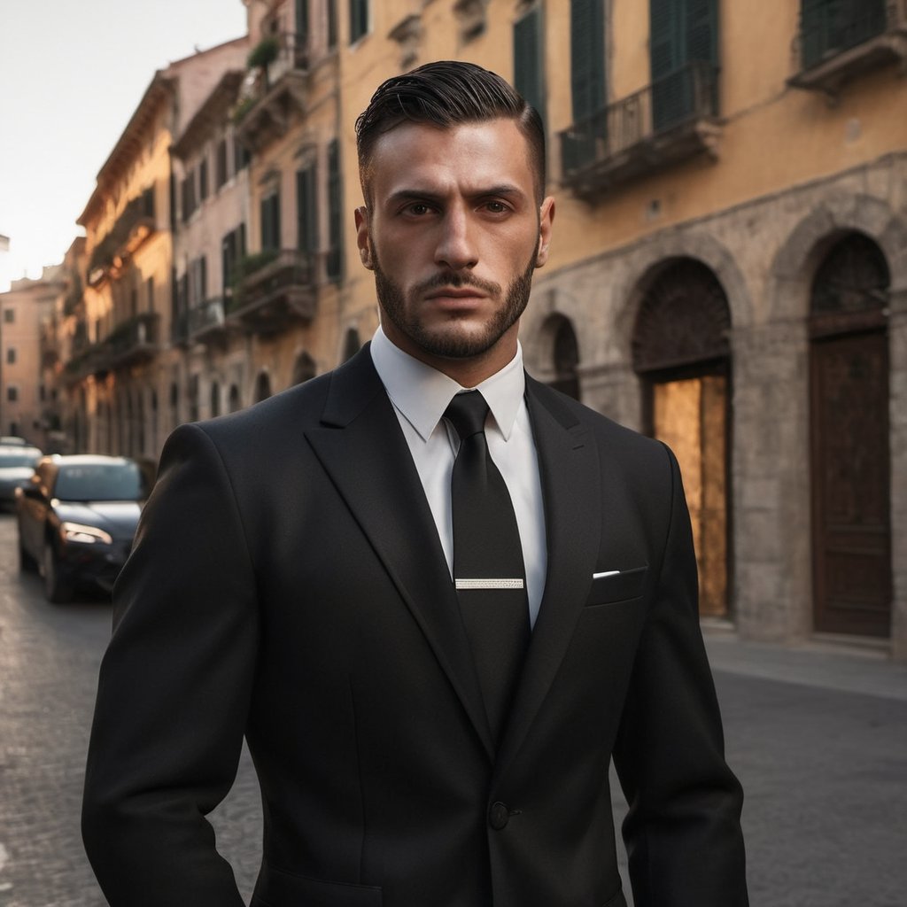 handsome italian mafia man, wearing black suit and tie, italian thug, city living, realistic, photorealistic, 8k, cinematic lighting, very dramatic, European man, soft aesthetic, innocent, handsome Italian, GQ