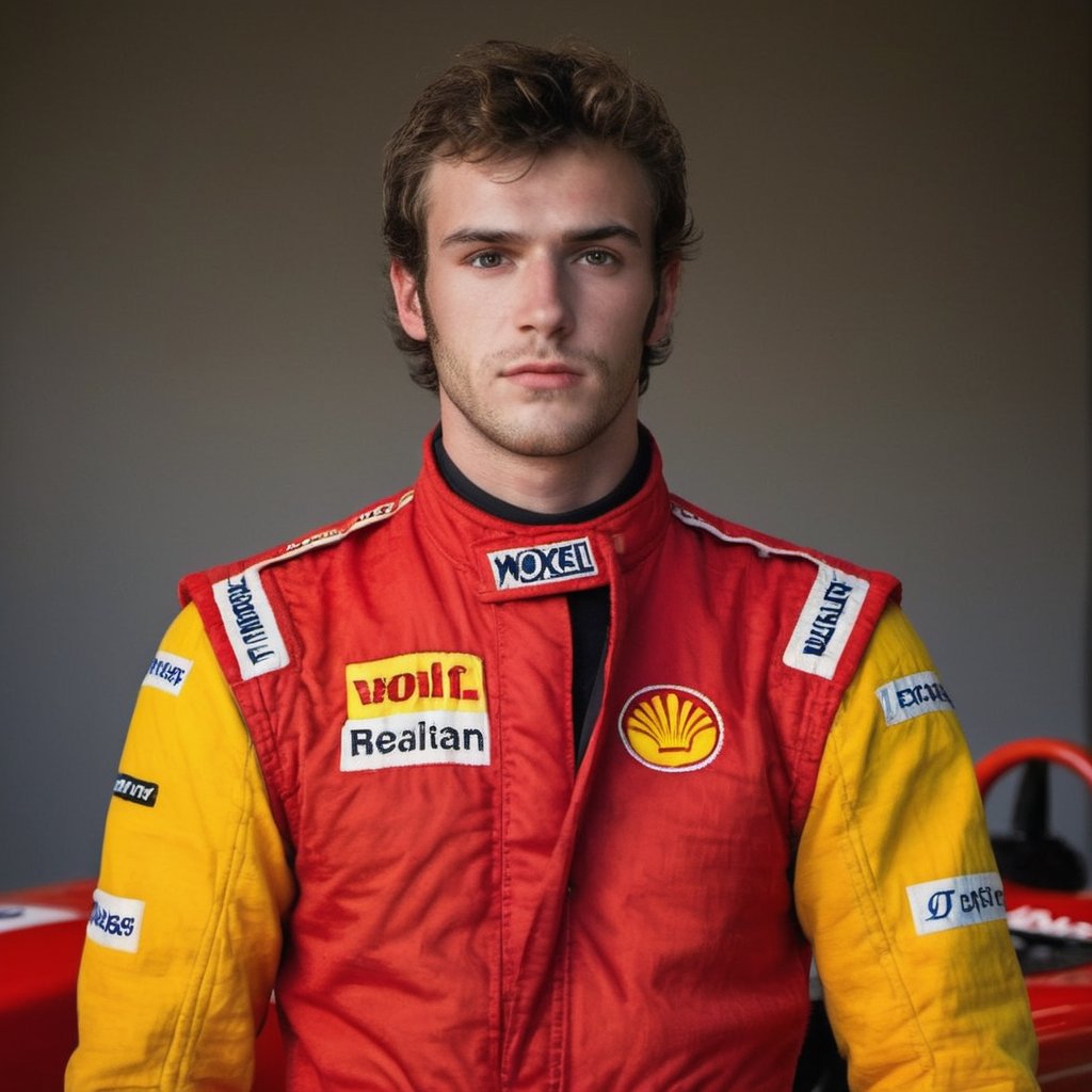 A striking image of a handsome, 20-year-old man, donning a bright red and yellow Formula 1 racing uniform. His burly frame and scruffy face are accentuated by cinematic lighting, casting dramatic shadows on his rugged features. Mutton chops and thick eyebrows add to his Travis Bickle-esque charm. Wolf-like eyes pierce through the lens, as he stands confidently in front of a sleek, open-wheel single-seater racing car. The camera captures every detail, from the branded Nomex suit to the precision-cut short hair. Framed with an 85mm f/1.8 lens on a Canon EOS 5D Mark IV, this masterpiece is set against a backdrop of warm sunlight and vivid colors, evoking a sense of innocence and realism.