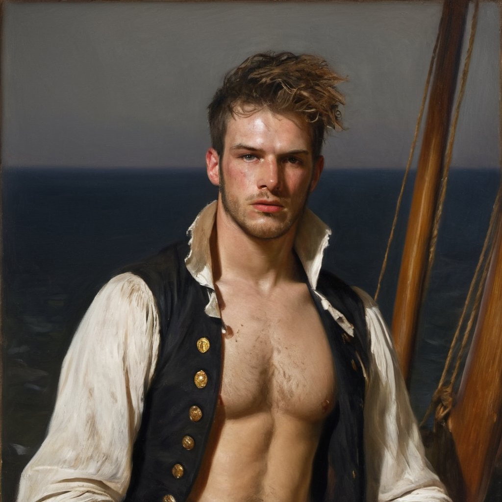 score_9, score_8_up, score_7_up, score_6_up, score_5_up, score_4_up, GQ, 8K image of a neoclassical painting: a savage dirty young handsome, 18-year-old evil French Pirate captain, bandit, thief, marauder, Rococo, sporting short rugged messy hair and a scruffy face adorned with a thick eyebrows, and tattoos stretching from all over his glistening sweaty body. He's wearing a dirty pirate tail coat revealing his chest. His body is covered with sweat, body hair and dirt. The scene is on a Jolly Rodgers pirate ship sailing to the dark seas and bleak atmosphere. His lean physique is accentuated showcasing his refined sleazy youth and athletic build. His body and face are covered with scars, indicating wounds during fights and sieges. The camera frames him with a very dramatic shot, highlighting the tattooed skin and subtle stubble on his jawline. As the Victorian Era pirate looking proud, the soft aesthetic creates an air of quiet contemplation, while the cinematic lighting imbues the scene with a sense of drama and tension. Art by John Singer Sargent, Greg Rutkowski, or Wlop would bring this stunning image to life, with camera settings mirroring those of a high-end oil painting: Canon EOS 5D Mark IV, Lens: 85mm f/1.8, f/4.0, ISO 100, and 1/500 sec.
