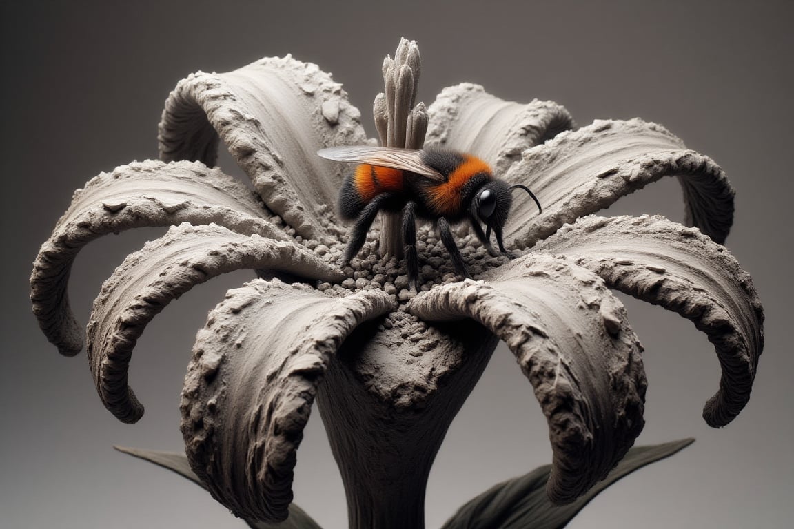 A highly detailed SponHumC0mbu5t style beautiful lily. The lily is completely made of ash. A beautiful bumble bee is delicately perched on one of it's fragile crumbling petals, the vibrant colours of the bee are a striking contrast to the monochromatic lily, creating a visually stunning juxtaposition. 