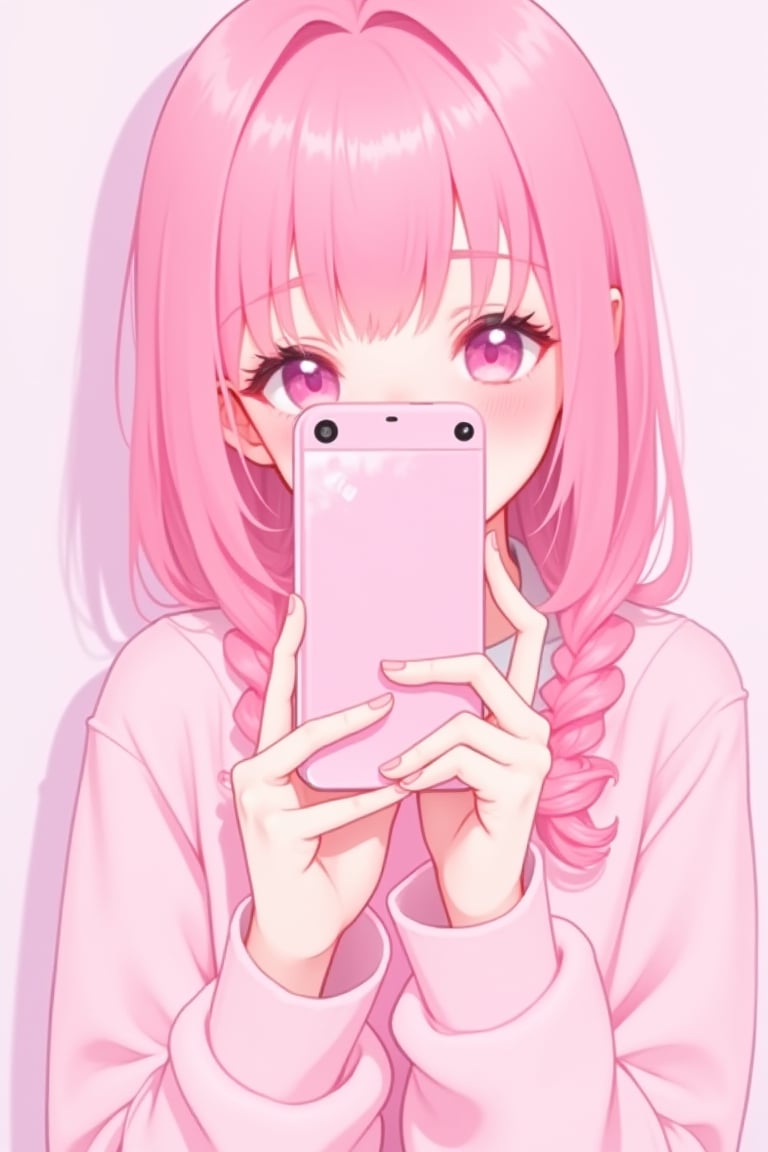 Anime girl with pink hair holds a pink phone in front of her face, Decora style illustration, cute cute girl, cute realistic portrait, pretty art style, anime atmosphere, Kawaii Anime Manga Style, cute anime girl, cute aesthetics, anime art wallpaper 8k, anime art wallpaper 4k, anime art wallpaper 4k,  pink, anime aesthetics,pastelz