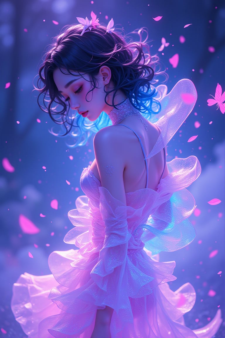 Vaporwave, 2d anime art illustratuon, moxin, goddess, a delicate mythological creature in a forst clearing its skin like silk with a delicate pattern of spots and stripes that seemed to shimmer in the night, 8K, colorful lighting, vivid, ultra details, surreal photography, frosted particles,pastelz