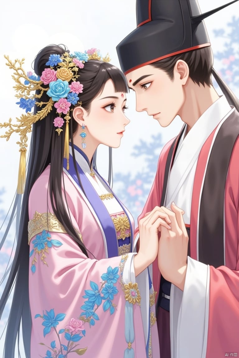 hair ornament, jewelry, long hair, flower, earrings, chinese clothes, hair flower, long sleeves, upper body, looking at another, 1girl, hat, black hair, brown eyes, 1boy, tassel, wide sleeves, hanfu, parted lips, brown hair, eye contact, hand up, facial mark, forehead mark, from side, blue flower, dress, 2girls, multiple girls