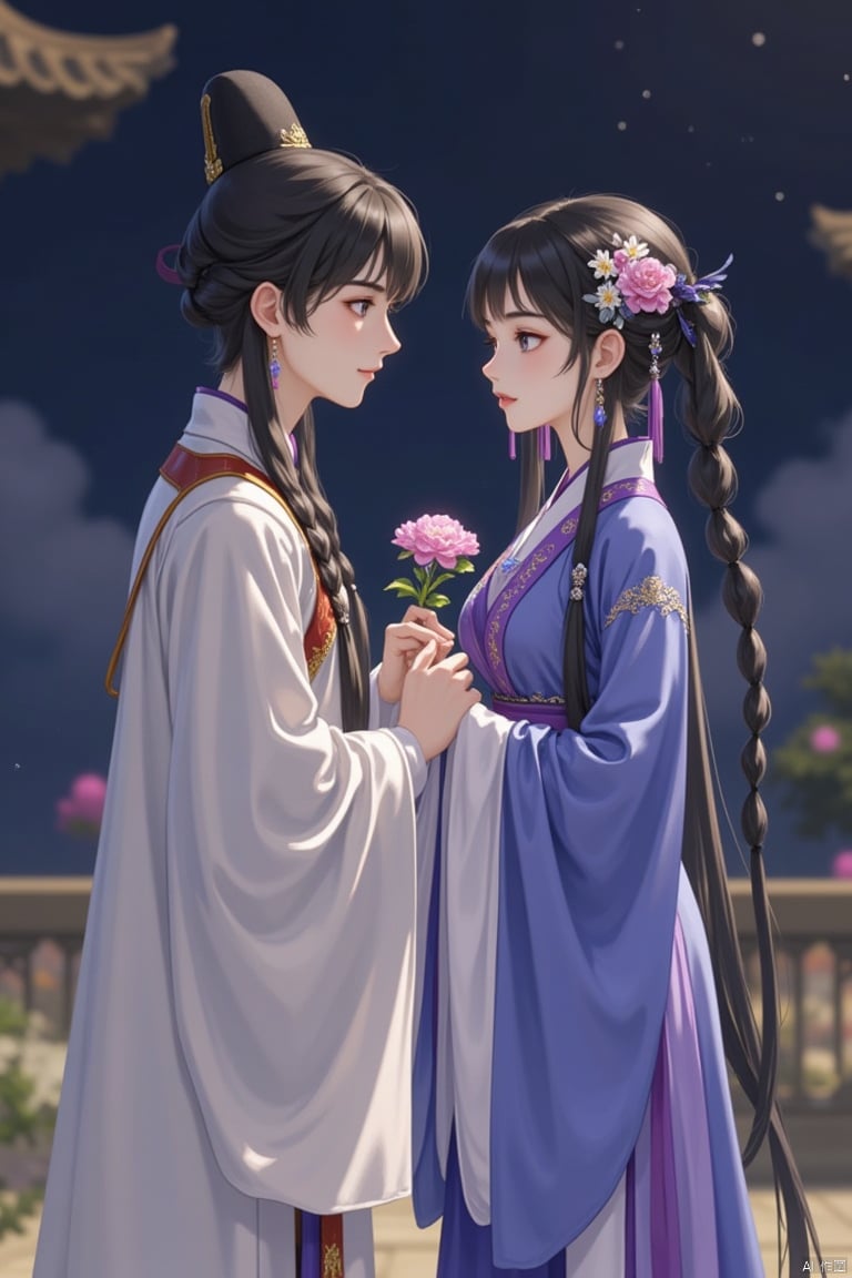 1girl, black hair, braid, long hair, flower, hair ornament, long sleeves, hat, chinese clothes, holding, wide sleeves, blurry, 1boy, jewelry, tassel, holding flower, blurry background, own hands together, hanfu, night, outdoors, earrings, closed mouth, hair flower, upper body, hair over shoulder, dress, single braid, standing, looking at another