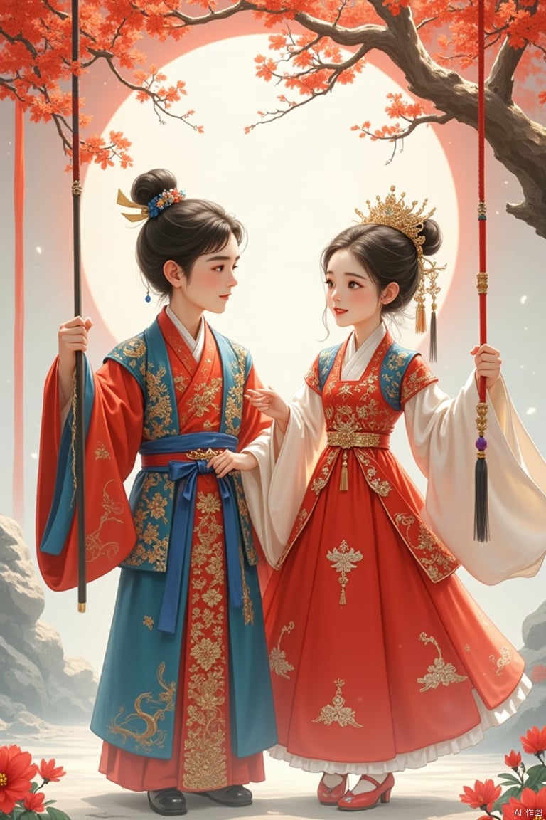 A boy and a girl wearing Hanfu are swinging together