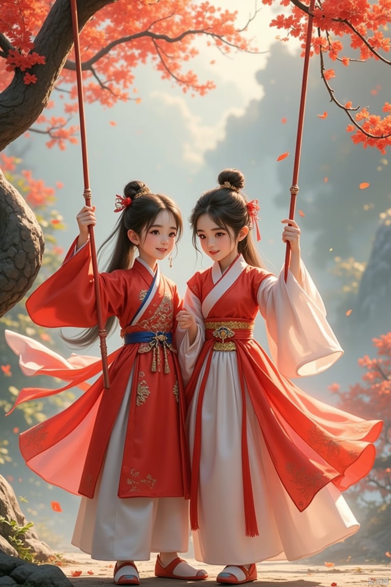 A boy and a girl wearing Hanfu are swinging together