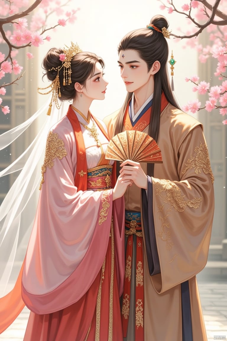 1girl, brown hair, bun, long flowing hair, peach blossoms, hairpin, fairy skirt with wide sleeves, veil, Hanfu, holding a folding fan, wide sleeves flying, hazy feeling, 1boy, jade pendant, tassels, holding a sword, hazy background, Hands folded across chest, brocade robes and fine clothes, early morning in the courtyard, earrings, pursed lips and smile, flowers on temples, close-up of upper body, hair hanging on chest, long robes and mandarin jackets, standing side by side, looking at each other affectionately.