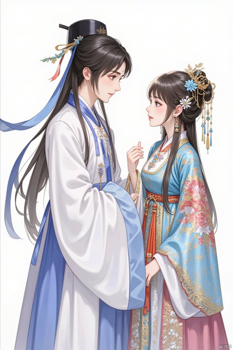 hair ornament, jewelry, long hair, flower, earrings, chinese clothes, hair flower, long sleeves, upper body, looking at another, 1girl, hat, black hair, brown eyes, 1boy, tassel, wide sleeves, hanfu, parted lips, brown hair, eye contact, hand up, facial mark, forehead mark, from side, blue flower, dress, 2girls, multiple girls