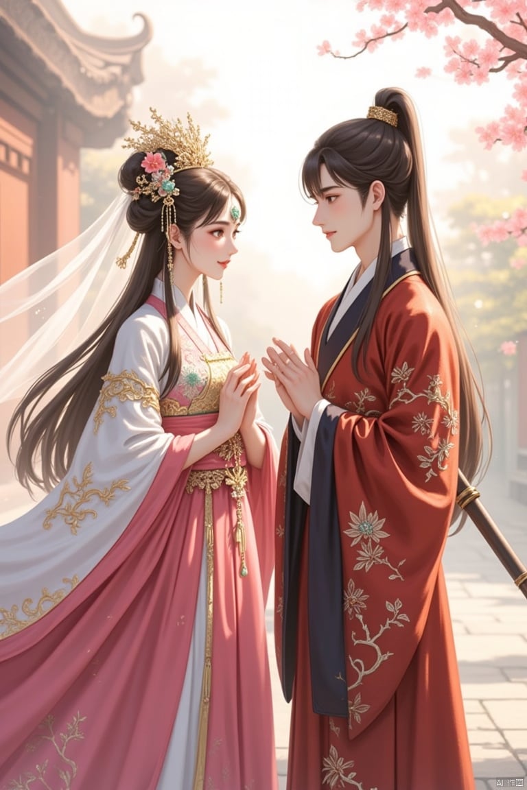 1girl, brown hair, bun, long flowing hair, peach blossoms, hairpin, fairy skirt with wide sleeves, veil, Hanfu, holding a folding fan, wide sleeves flying, hazy feeling, 1boy, jade pendant, tassels, holding a sword, hazy background, Hands folded across chest, brocade robes and fine clothes, early morning in the courtyard, earrings, pursed lips and smile, flowers on temples, close-up of upper body, hair hanging on chest, long robes and mandarin jackets, standing side by side, looking at each other affectionately.