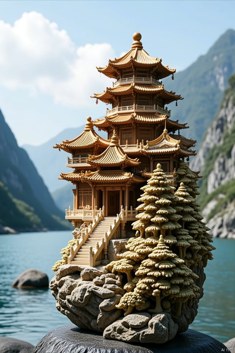 architecture, no humans, statue, east asian architecture, scenery, water, building