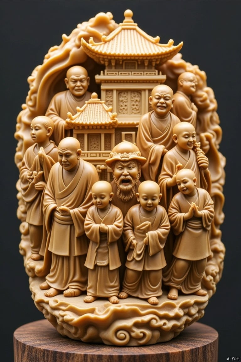 statue, bald, multiple boys, architecture, old, 6+boys, old man, east asian architecture, male focus, beard, facial hair, robe, realistic