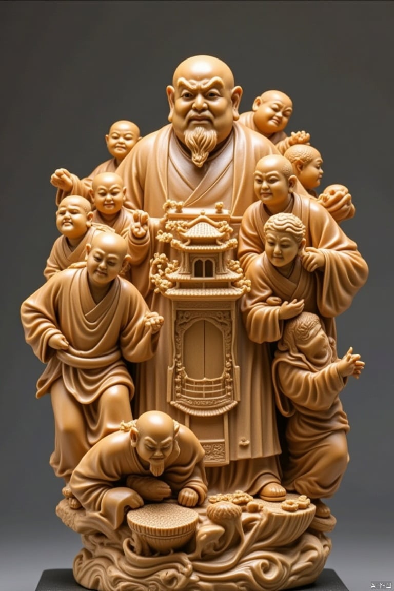 statue, bald, multiple boys, architecture, old, 6+boys, old man, east asian architecture, male focus, beard, facial hair, robe, realistic