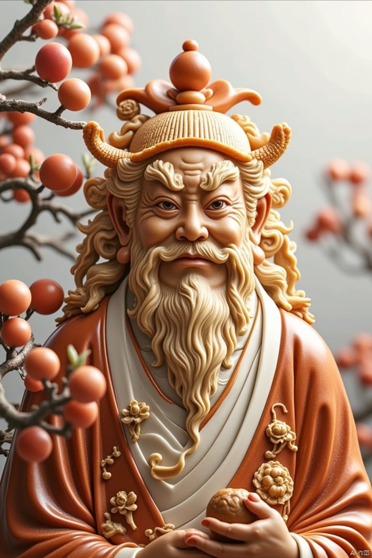 Spring and Autumn Tower, with cornices and horns, an old face, a lush beard, a Taoist immortal, giving lectures, a garden full of peaches and plums, white silk hanging down the shoulders, calm and leisurely, wearing a square scarf and a small hat.