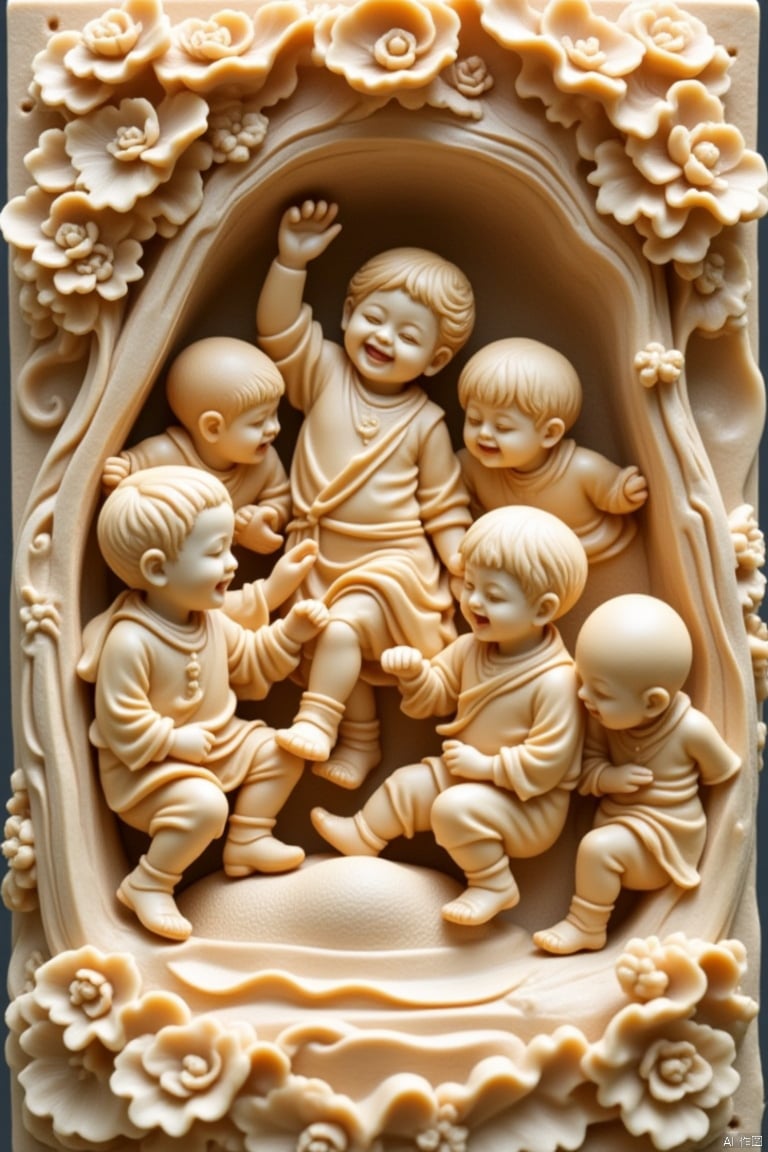 "A group of children are playing in the core carving paradise: more than six boy figures are carved, running or jumping, laughing or making trouble, and jointly create a joyful core carving world."