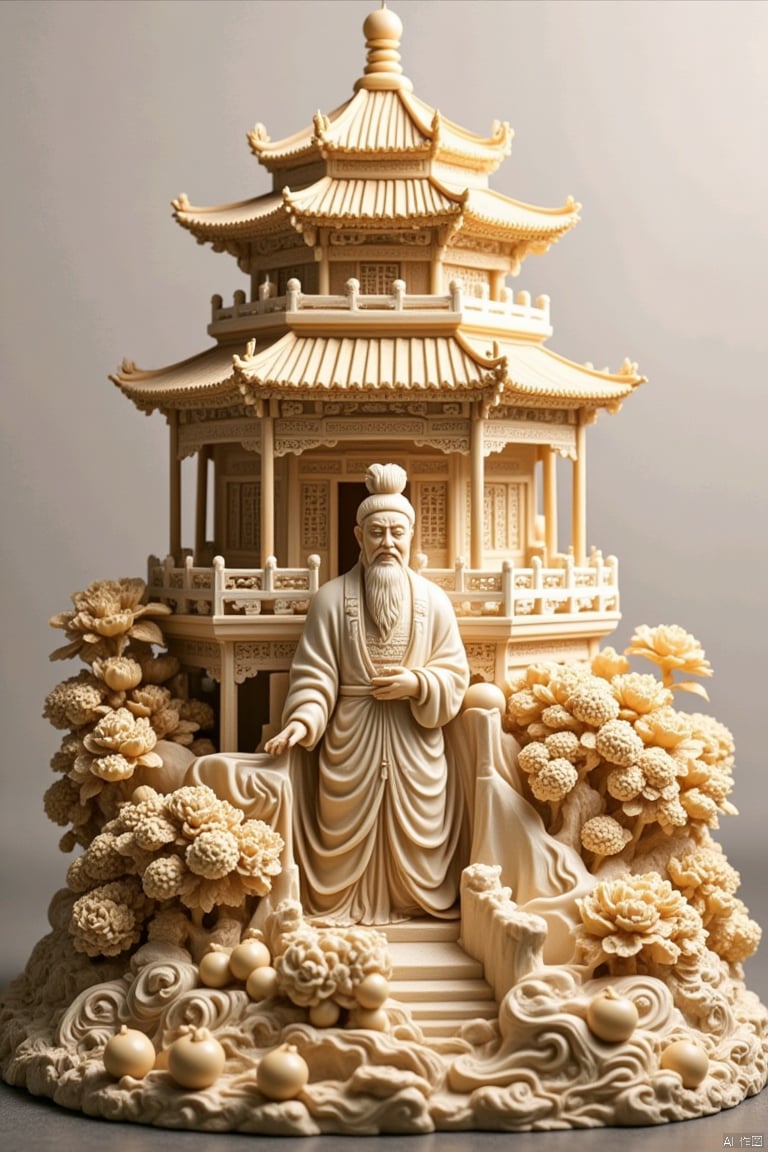 Spring and Autumn Tower, with cornices and horns, an old face, a lush beard, a Taoist immortal, giving lectures, a garden full of peaches and plums, white silk hanging down the shoulders, calm and leisurely, wearing a square scarf and a small hat.