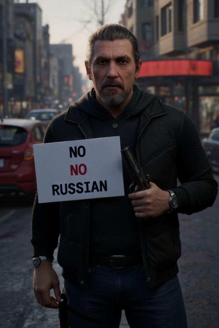 a grumpy man in a city holding a gun and a sign that says "no russian". in unreal engine render,