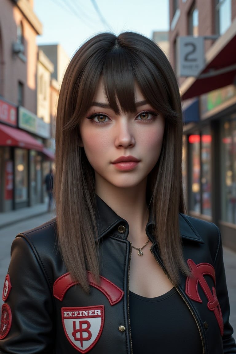 a beautiful japanese girl portrait wearing casual bomber jacket in alley city in unreal engine render, unreal engine 5, ray tracing