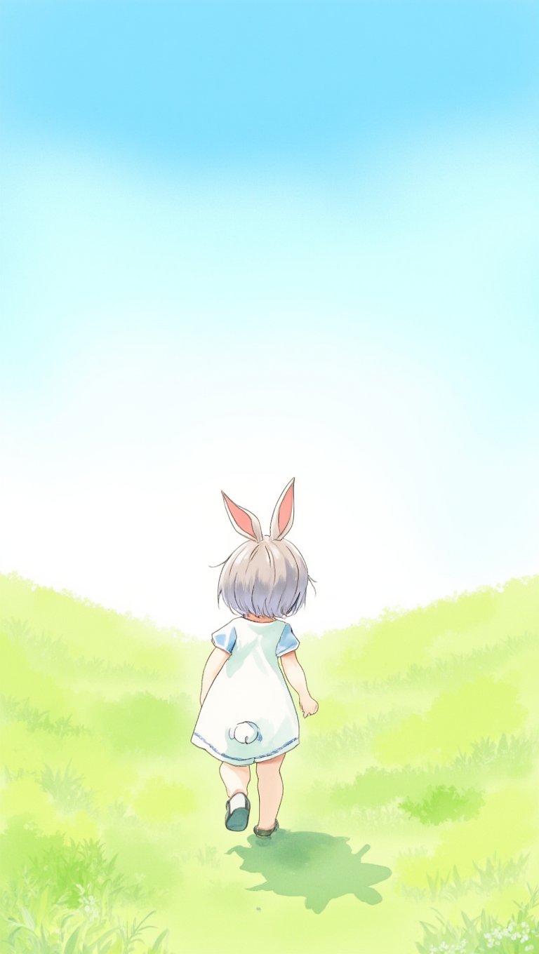 watercolor, bunny toddler girl in kindergarten lightblue smock walking fields, background blue sky,hatyuuruinohito style,the0neulost