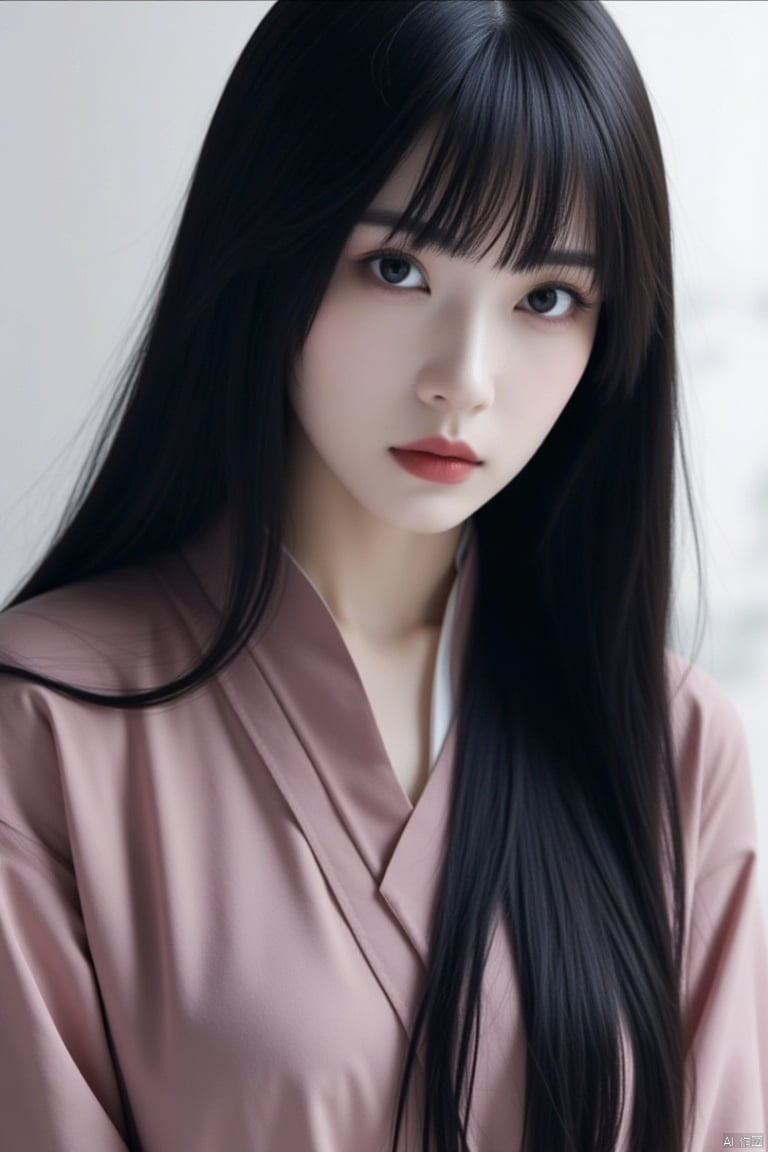 1girl, black hair, solo, long hair, looking at viewer, black eyes, lips, japanese clothes, upper body, red lips, kimono, realistic, closed mouth, pale skin