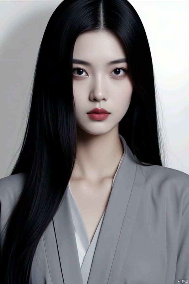 1girl, black hair, solo, long hair, looking at viewer, black eyes, lips, japanese clothes, upper body, red lips, kimono, realistic, closed mouth, pale skin