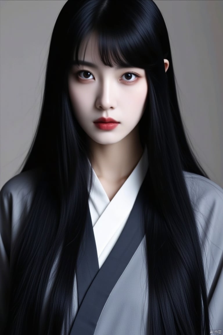 1girl, black hair, solo, long hair, looking at viewer, black eyes, lips, japanese clothes, upper body, red lips, kimono, realistic, closed mouth, pale skin