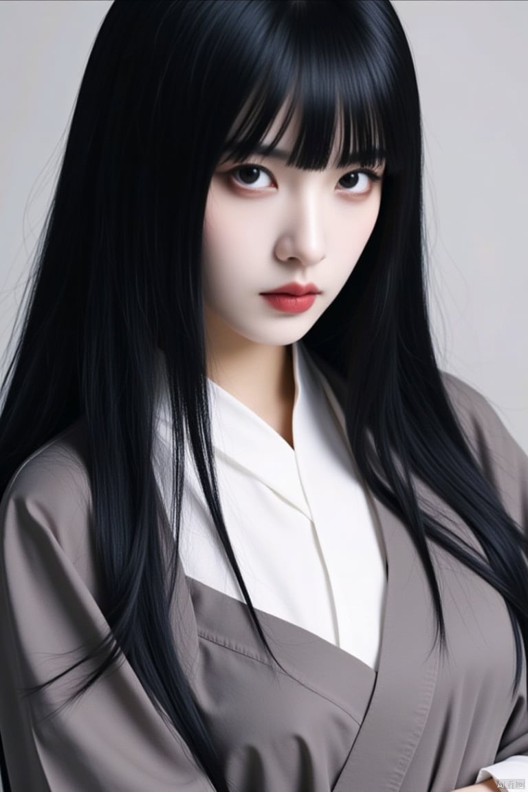 1girl, black hair, solo, long hair, looking at viewer, black eyes, lips, japanese clothes, upper body, red lips, kimono, realistic, closed mouth, pale skin