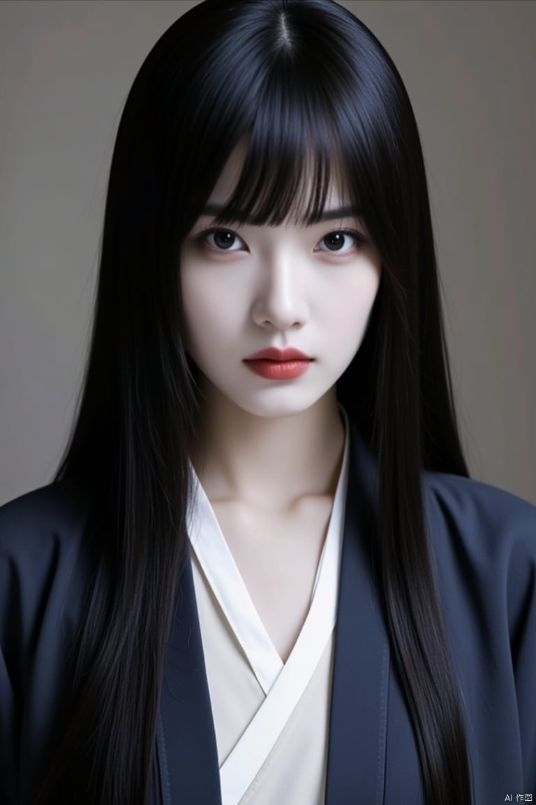 1girl, black hair, solo, long hair, looking at viewer, black eyes, lips, japanese clothes, upper body, red lips, kimono, realistic, closed mouth, pale skin