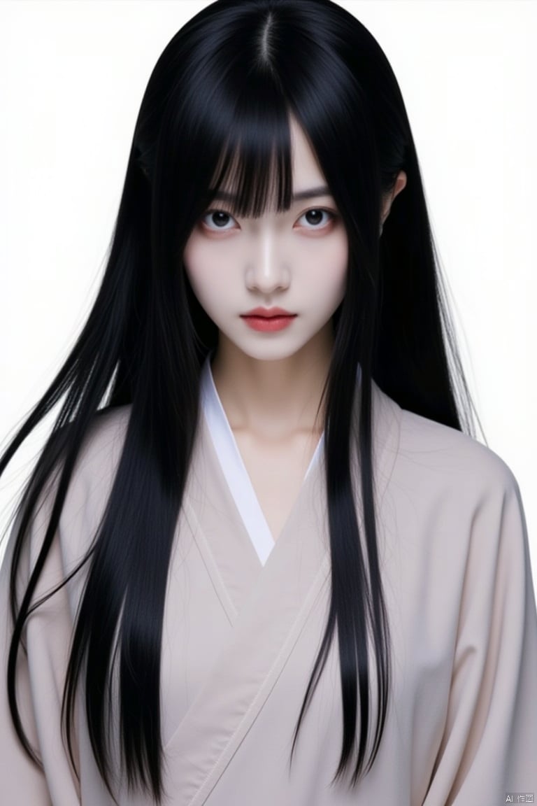 1girl, black hair, solo, long hair, looking at viewer, black eyes, lips, japanese clothes, upper body, red lips, kimono, realistic, closed mouth, pale skin