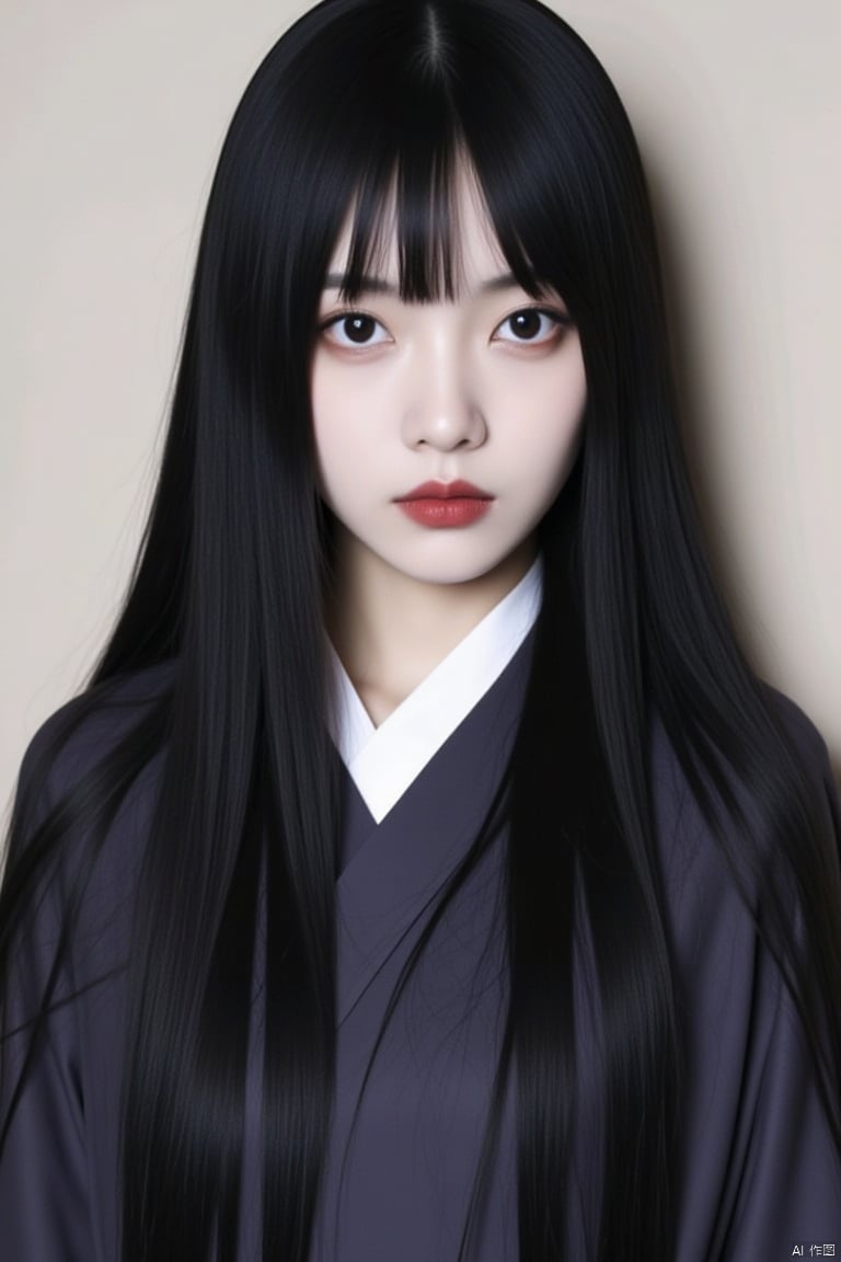 1girl, black hair, solo, long hair, looking at viewer, black eyes, lips, japanese clothes, upper body, red lips, kimono, realistic, closed mouth, pale skin