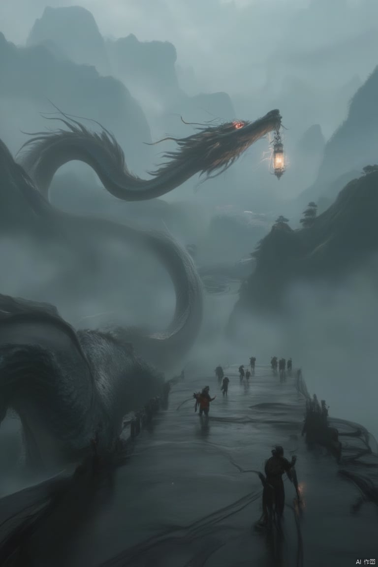 The image depicts a fantastical scene where a massive serpent-like creature dominates the foreground. It has a long sinuous body with scales that shimmer in shades of dark blue and black and its head is adorned with eyes glowing with an inner light. The creature's presence seems to be a focal point for a group of figures in the background who appear to be observing or interacting with it. The setting is a misty mountainous landscape suggesting a remote or otherworldly location. The color palette is predominantly cool tones with blues and grays conveying a sense of mystery and the supernatural. black scales Bite the lantern,loong