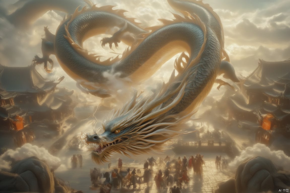 A majestic Chinese dragon soars over the village square, its massive black scales glistening in warm sunlight as it undulates through the air like a serpentine dance. The villagers gather around, eyes aglow with wonder, engaging in lively conversations with this mystical creature. Framed by the golden light, the dragon's ethereal presence mesmerizes the crowd, its immense body seemingly suspended above the earth as it weaves and twirls amidst the curious onlookers.,loong
Blue feather
