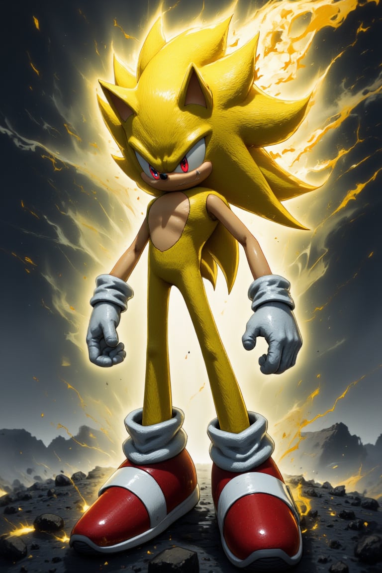 Super Sonic, ragemode, stands tall in a misty, intense fog, his bright yellow fur glistening with dew-like beads of moisture. Red eyes blaze with determination, illuminating the swirling vapors as he surveys the eerie surroundings, his powerful legs coiled like springs ready to launch into action.,SSONIC, furry male, red eyes