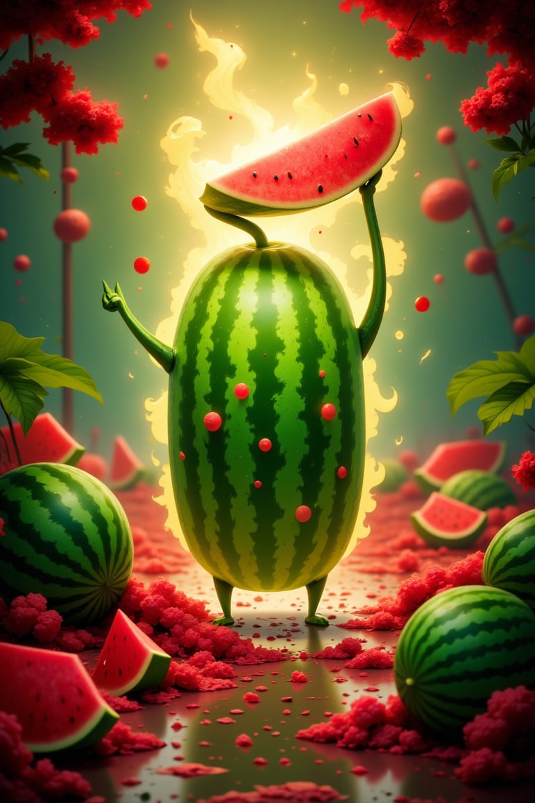 In this whimsical scene, an anthropomorphic watermelon stands proudly amidst a serene watermelon landscape. The watermelon, donning a radiant aura, holds aloft a glowing watermelon that casts a warm, golden light across the surrounding terrain. Red and green hues illuminate the area, with soft rages of red emulating the gentle rustle of leaves and the vibrant green of the watermelons blending seamlessly into the backdrop. The focal point, our anthropomorphic protagonist, is bathed in an ethereal glow, as if infused with the essence of the mystical fruit.,ragemode