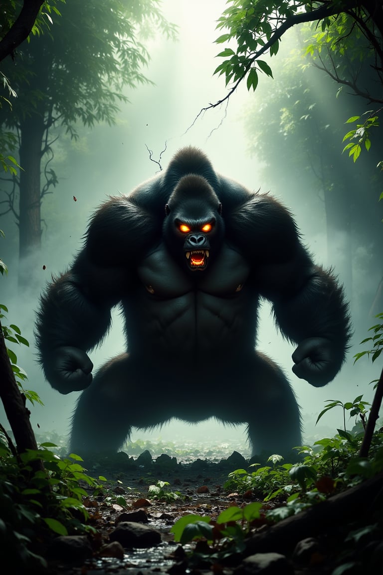 A furious gorilla roars in a misty jungle clearing, its thick fur ruffled by the humid air. The camera frames the beast's snarling face, with one eye glowing like a fiery ember under the dappled sunlight filtering through the dense foliage. The lighting is dramatic, with shafts of light slicing through the canopy above, accentuating the gorilla's agitated pose as it beats its chest with massive fists.,ragemode, electricity, glowing eyes, aura