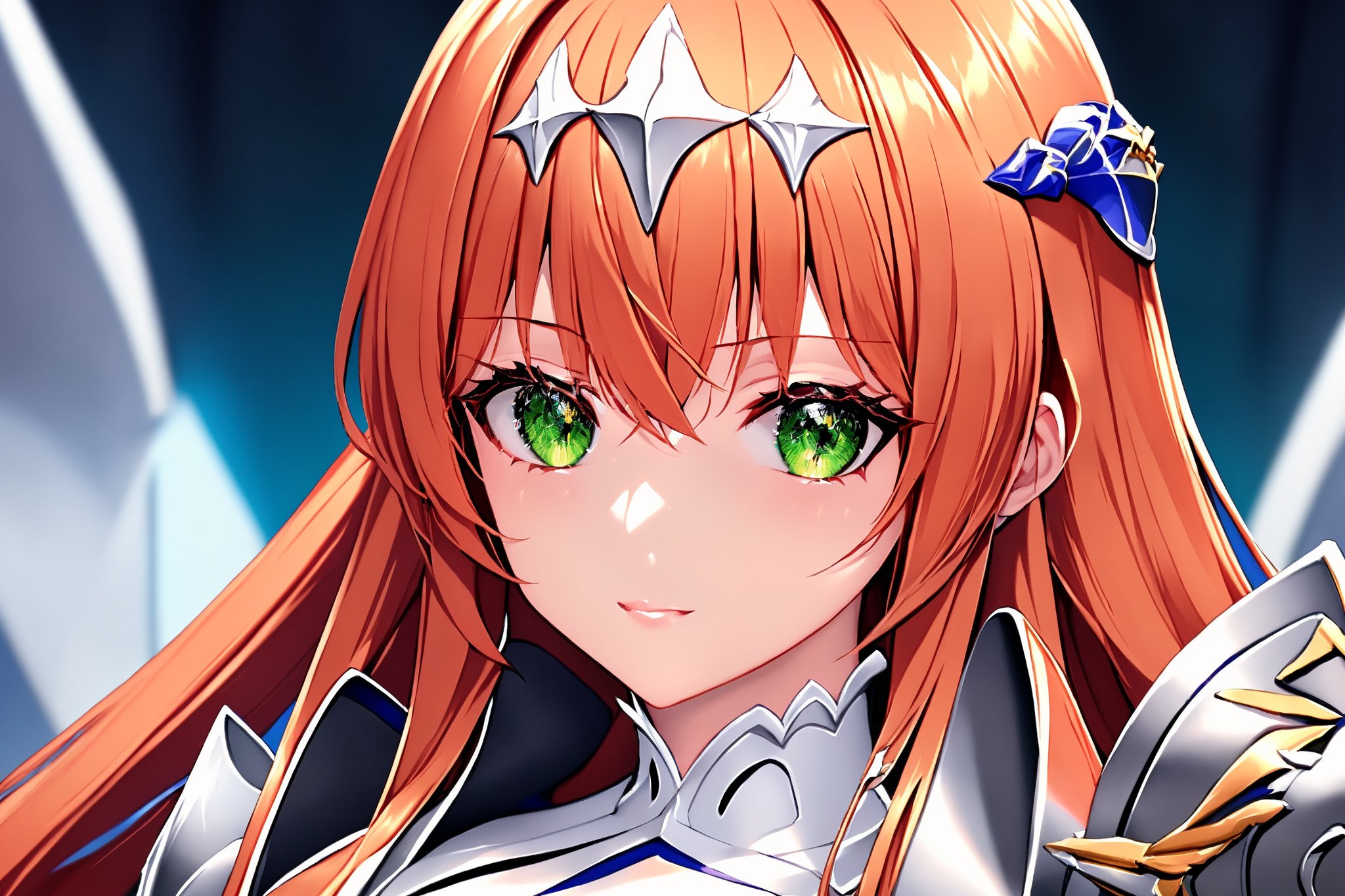 dynamic angle,extremely excellent composition,detail processing,8k Ultra HD,visual appeal,intricate details background,delicate facial features,extremely detailed eyes,dynamic sexy pose,skin radiance,skin reflective,1girl,Lightbringer,Neo Elma,orange hair,very long hair,green eyes,hair ornament,silver armor,female knight,gauntlet