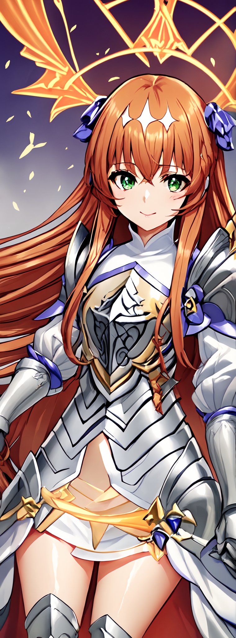 Title: "Blossoms of Serenity",1girl,Lightbringer,Neo Elma,orange hair,very long hair,green eyes,hair ornament,silver armor,female knight,gauntlet