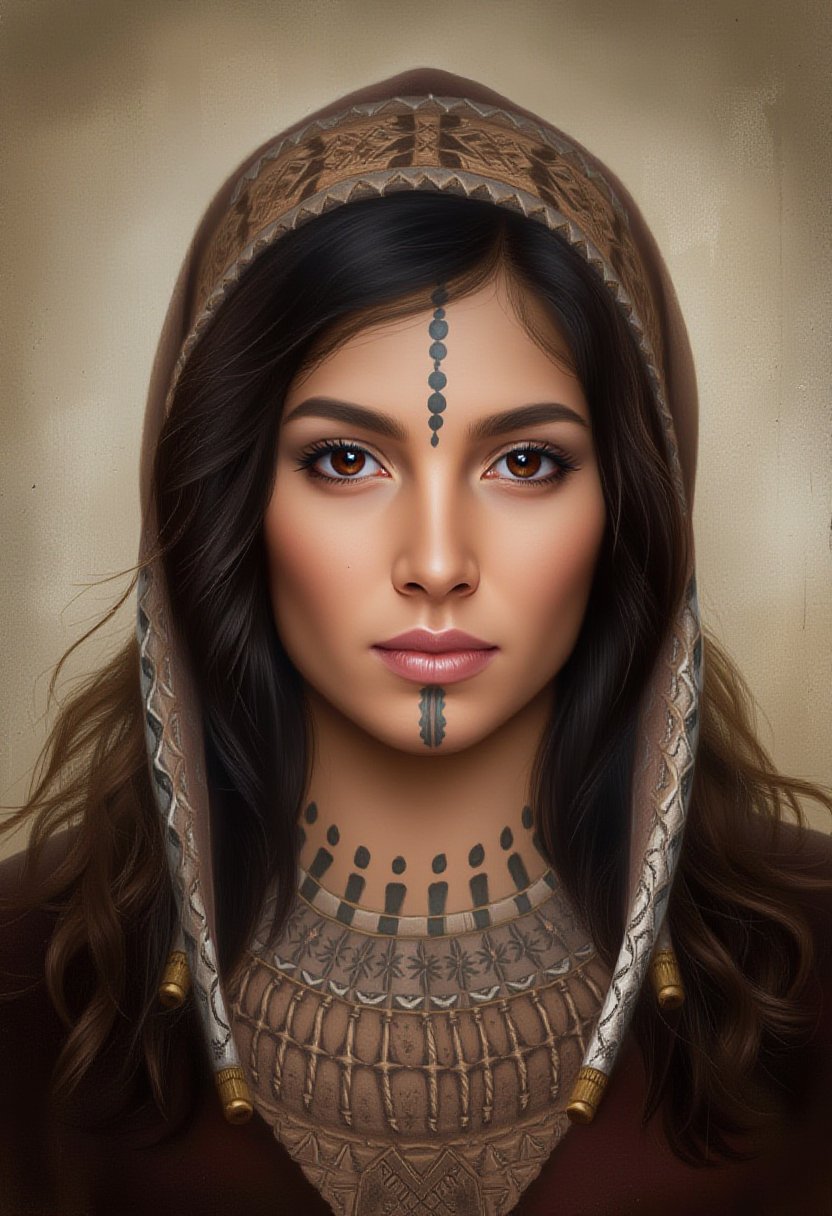 A striking portrait of a woman with deep, soulful brown eyes and long, dark wavy hair, adorned with tasfift headress. Her  chin and forehead is intricately decorated with usham tribal tattoos, featuring dots and geometric lines patterns  .  ,Usham,pavsok style