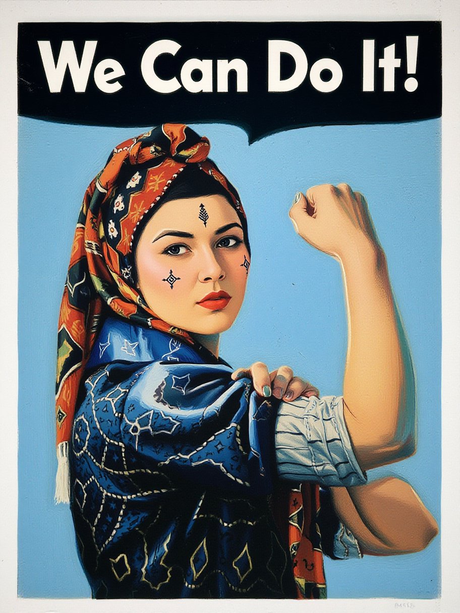 Moroccan version of  "We Can Do It!" poster. The woman in the image is depicted flexing her arm to show strength. She wears a headscarf and has facial usham, traditional symbols. The woman is dressed in a patterned, dark blue garment, and her lips are red. The overall feel combines elements of cultural pride with feminist imagery, creating a fusion of traditional identity and modern empowerment..,Usham,Tribal tattoos on forehead and chin,pavsok Style