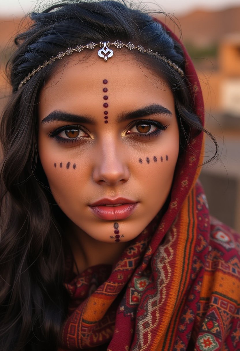 A striking portrait of a Moroccan woman with deep, soulful brown eyes and long, dark wavy hair, adorned with a delicate silver headpiece. Her face is intricately decorated with traditional Amazigh (Berber) tribal tattoos, featuring dots lines patterns running along her chin, and forehead. She wears a vibrant, hand-woven shawl in shades of deep red and earthy tones, draped over her shoulders. The lighting is soft and warm, casting gentle shadows on her face, enhancing the intricate details of the tattoos. The background is a rustic Moroccan village at sunset, with the warm glow of the fading sun illuminating the desert landscape. ,Usham