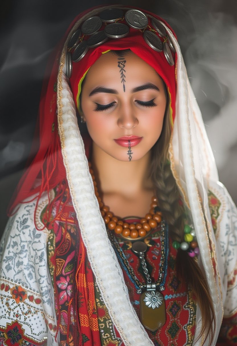 A young woman stands with her eyes closed, deeply immersed in a serene expression. She wears a traditional Moroccan Amazigh (Berber) outfit. Her vibrant red headscarf is adorned with intricate silver coins and colorful beads, which cascade down on either side. The scarf drapes over her braided hair, with green highlights interwoven. Tribal tattoos mark her forehead and chin, along with tattoos on her hands, adding to her cultural identity. She dons an embroidered white lace shawl over her shoulders, with layers of jewelry, including a large amber-colored necklace and a silver pendant. Her traditional Amazigh clothing is richly detailed, with colorful patterns, mostly in red, white, and gold. The lighting emphasizes her features, casting soft shadows around her, against a dark, moody background filled with light smoke or mist. Usham 