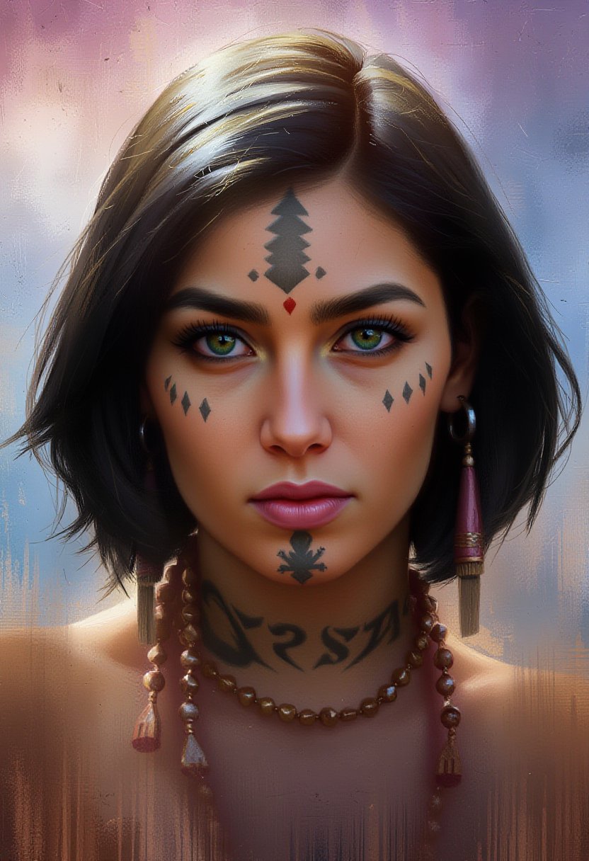 
Athena, a woman with dark shoulder length hair and green eyes. Her face showing a serious expression., 
 Her face  is intricately decorated with usham tribal tattoos, featuring few dots on her sheeks and geometric patterns on her forehead and lines on chin   

In a cyberpunk landscape 


 ,Usham,pavsok style