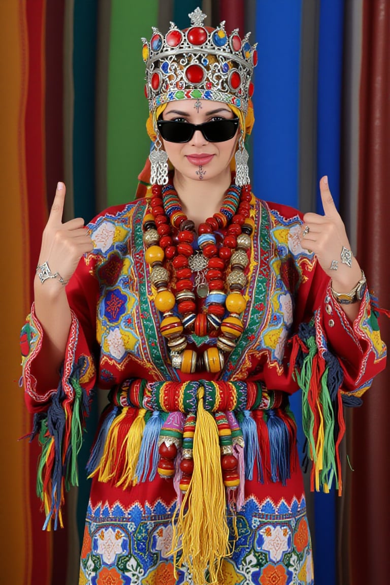 A young woman stands confidently, dressed in a modern take on traditional Amazigh (Berber) clothing, blending cultural elements with a bold, rebellious attitude. She wears a richly embroidered red robe decorated with colorful tassels, beads, and woven patterns in vibrant blue, green, yellow, and white. Her head is adorned with a striking headdress featuring silver traditional Tasfift, and vibrant red and yellow gems. She accessorizes with chunky necklaces, including large amber pieces. Her facial tattoos reflect Amazigh symbolism. Adding a modern twist, she wears black sunglasses and confidently flips off a finger with both hands. The backdrop is a multicolored, blurred striped pattern, further enhancing the mix of tradition and modernity. The lighting is even, bright, and focused on her figure.,Usham,Tribal tattoos on forehead and chin,adrr-tsfft