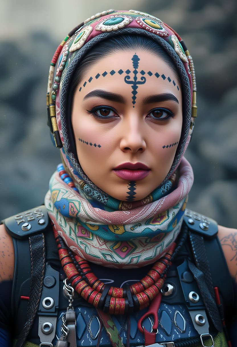 
A woman in futuristic outfit, 
 Her face  is intricately decorated with usham tribal tattoos, featuring dots on her sheeks and geometric patterns on her forehead lines on chin   

In a cyberpunk landscape 


 ,Usham,pavsok style