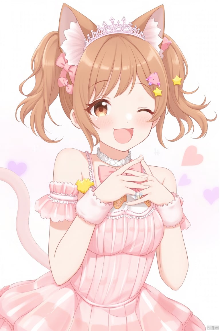 1girl, solo, looking at viewer, blush, smile, open mouth, bangs, brown hair, hair ornament, white background, dress, bow, animal ears, bare shoulders, twintails, brown eyes, collarbone, ahoge, frills, one eye closed, food, fang, virtual youtuber, cat ears, star \(symbol\), animal ear fluff, wrist cuffs, fruit, frilled dress, tiara, pink bow, microphone, star hair ornament, off-shoulder dress