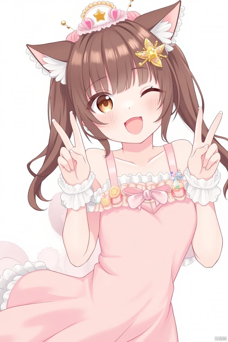 1girl, solo, looking at viewer, blush, smile, open mouth, bangs, brown hair, hair ornament, white background, dress, bow, animal ears, bare shoulders, twintails, brown eyes, collarbone, ahoge, frills, one eye closed, food, fang, virtual youtuber, cat ears, star \(symbol\), animal ear fluff, wrist cuffs, fruit, frilled dress, tiara, pink bow, microphone, star hair ornament, off-shoulder dress