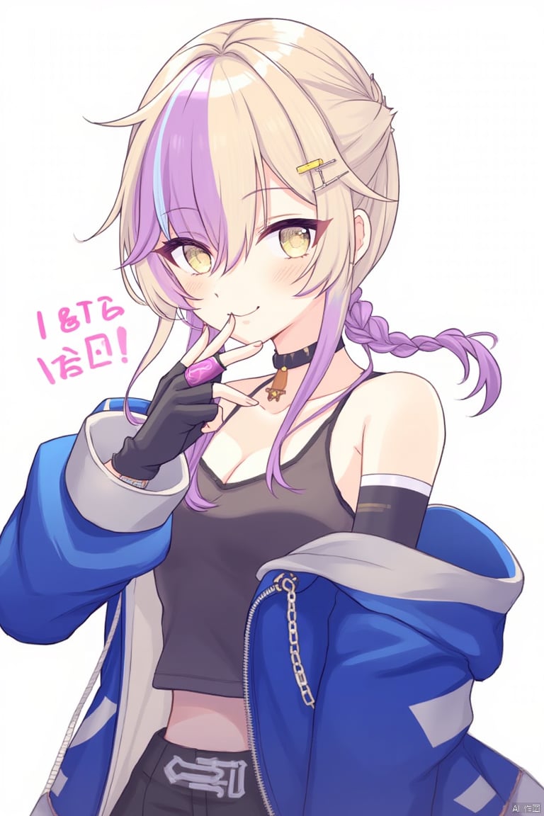 1girl, blue jacket, long hair, yellow eyes, long sleeves, arm tattoo, black camisole, breasts, eyepatch lift, white background, streaked hair, jacket, smile, single braid, tongue out, gloves, character name, virtual youtuber, finger gun, closed mouth, braid, looking at viewer, camisole, ear piercing, blonde hair, multicolored hair, shirt, hair bun, piercing, :p, purple hair, fingerless gloves, tattoo, chain, black shirt, black gloves, official alternate costume, star \(symbol\), two-tone hair, off shoulder, single side bun, solo, cone hair bun, upper body, tongue, jacket partially removed, collar 